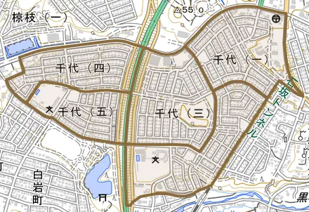 千代とその周辺の地図。町の範囲を重ねている