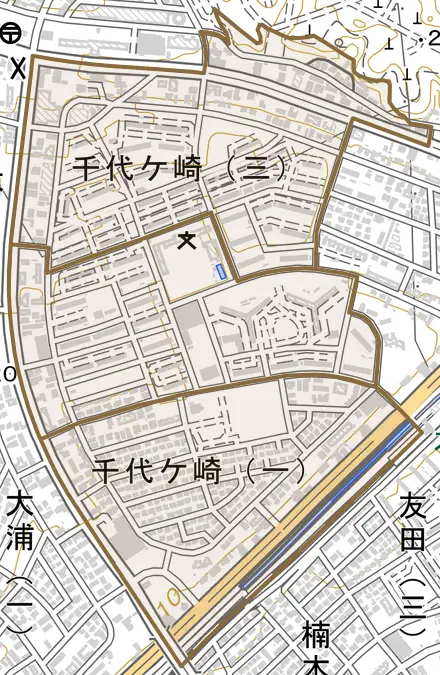 千代ケ崎とその周辺の地図。町の範囲を重ねている