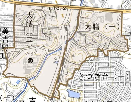 大膳とその周辺の地図。町の範囲を重ねている