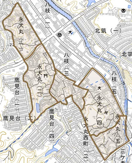 永犬丸とその周辺の地図。町の範囲を重ねている
