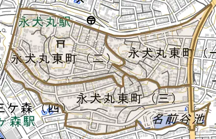 永犬丸東町とその周辺の地図。町の範囲を重ねている