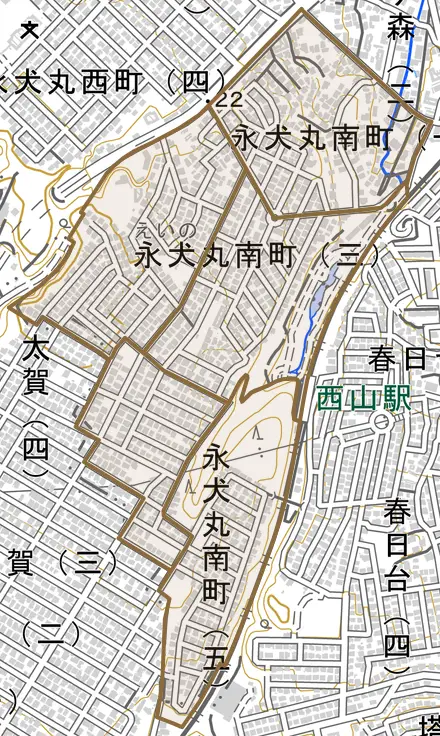 永犬丸南町とその周辺の地図。町の範囲を重ねている