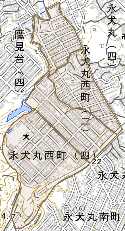 永犬丸西町とその周辺の地図。町の範囲を重ねている