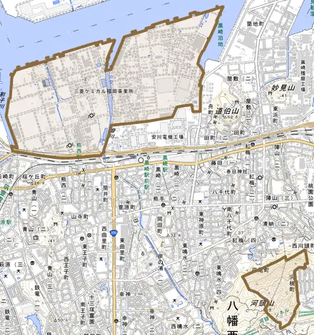 大字藤田とその周辺の地図。町の範囲を重ねている