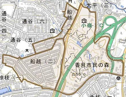 船越とその周辺の地図。町の範囲を重ねている