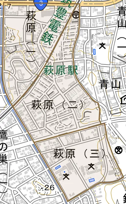 萩原とその周辺の地図。町の範囲を重ねている