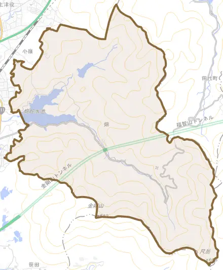 大字畑とその周辺の地図。町の範囲を重ねている