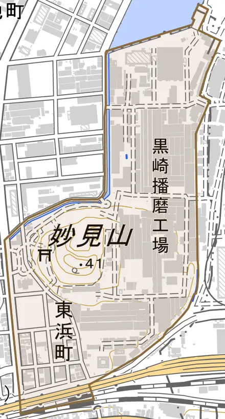 東浜町とその周辺の地図。町の範囲を重ねている