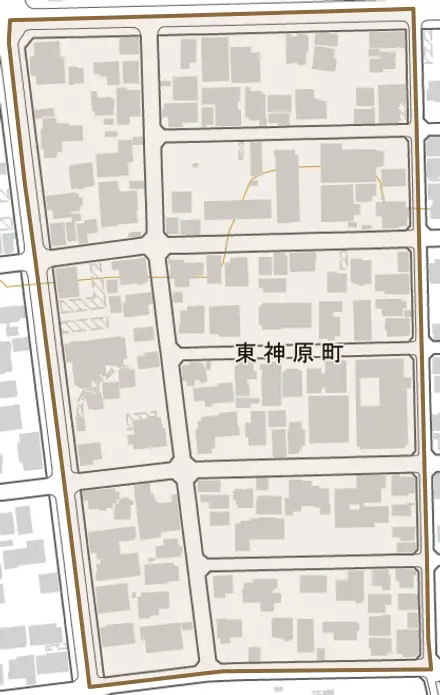 東神原町とその周辺の地図。町の範囲を重ねている