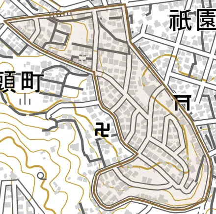 東川頭町とその周辺の地図。町の範囲を重ねている
