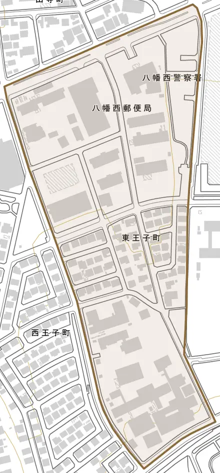 東王子町とその周辺の地図。町の範囲を重ねている