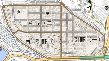 引野とその周辺の地図。町の範囲を重ねている