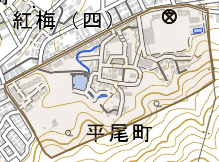 平尾町とその周辺の地図。町の範囲を重ねている