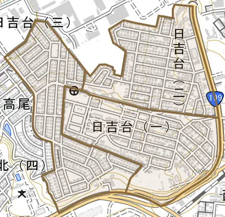 日吉台とその周辺の地図。町の範囲を重ねている