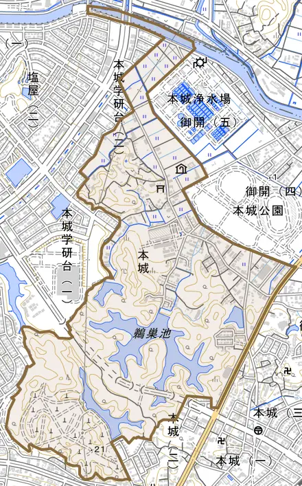 大字本城とその周辺の地図。町の範囲を重ねている