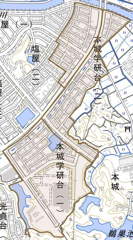 本城学研台とその周辺の地図。町の範囲を重ねている