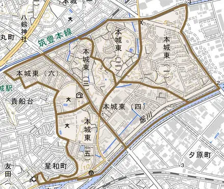 本城東とその周辺の地図。町の範囲を重ねている