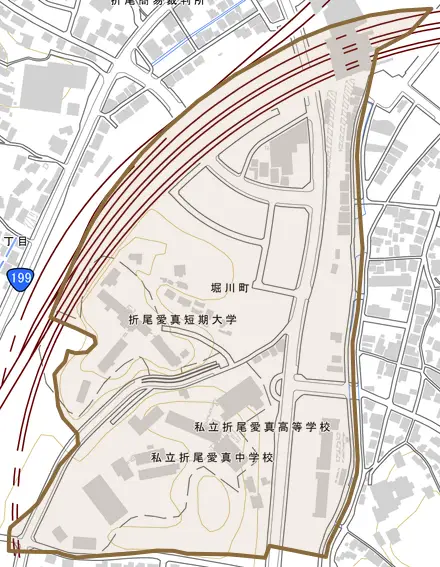 堀川町とその周辺の地図。町の範囲を重ねている