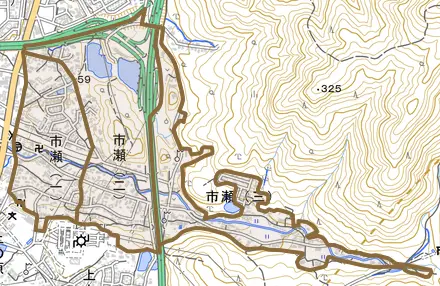 市瀬とその周辺の地図。町の範囲を重ねている