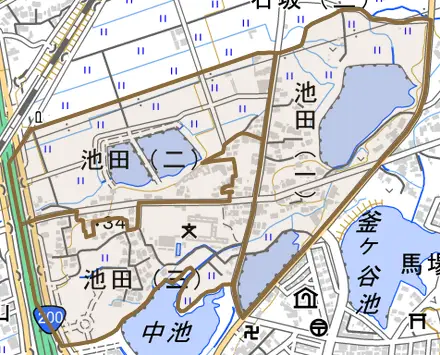 池田とその周辺の地図。町の範囲を重ねている