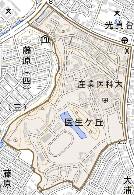医生ケ丘とその周辺の地図。町の範囲を重ねている