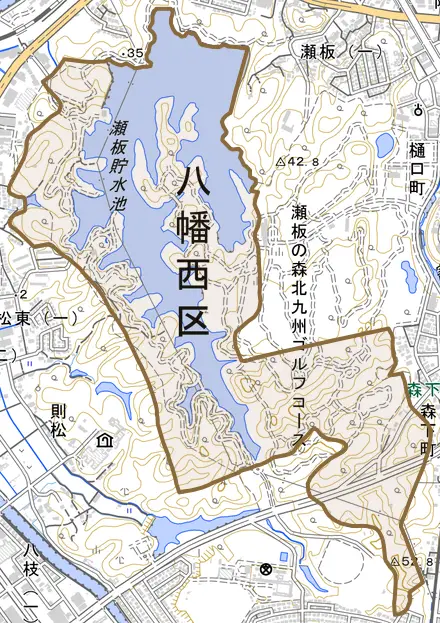大字陣原とその周辺の地図。町の範囲を重ねている