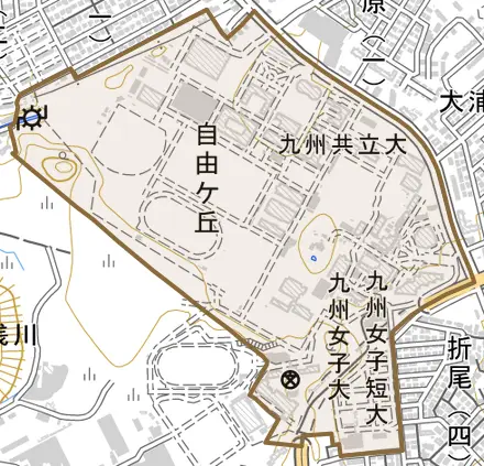 自由ケ丘とその周辺の地図。町の範囲を重ねている