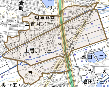 上香月とその周辺の地図。町の範囲を重ねている