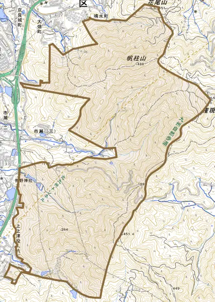 大字上上津役とその周辺の地図。町の範囲を重ねている