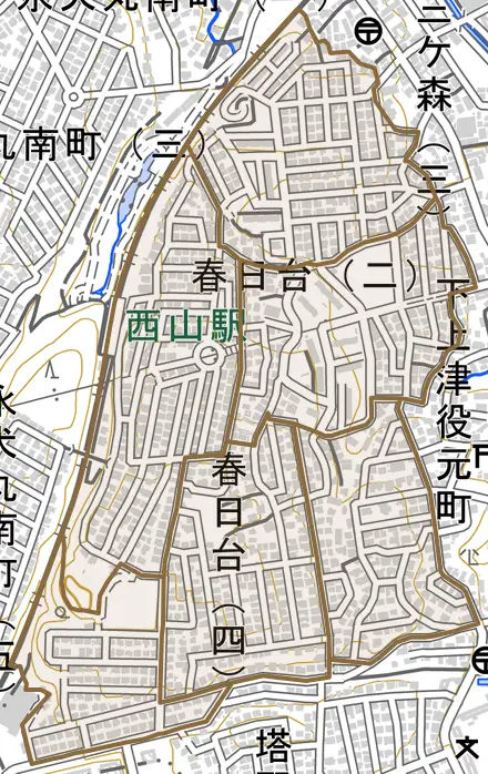 春日台とその周辺の地図。町の範囲を重ねている