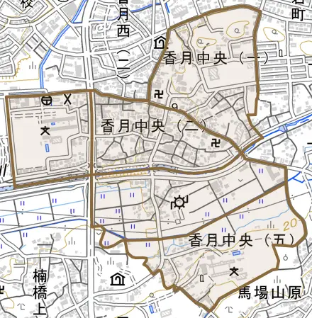 香月中央とその周辺の地図。町の範囲を重ねている