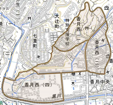 香月西とその周辺の地図。町の範囲を重ねている