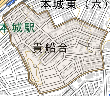 貴船台とその周辺の地図。町の範囲を重ねている