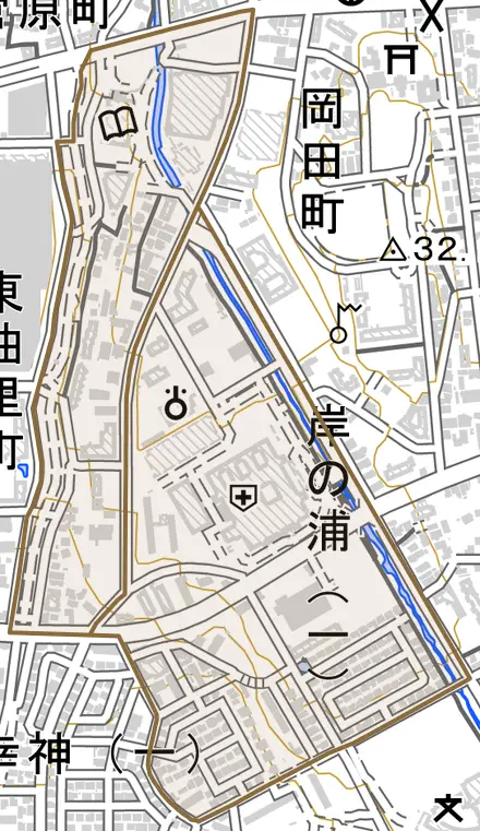 岸の浦とその周辺の地図。町の範囲を重ねている