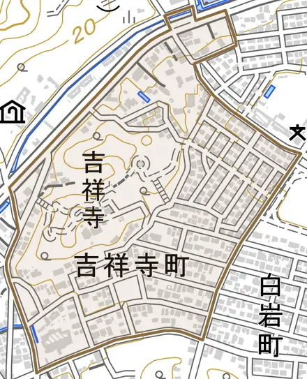 吉祥寺町とその周辺の地図。町の範囲を重ねている