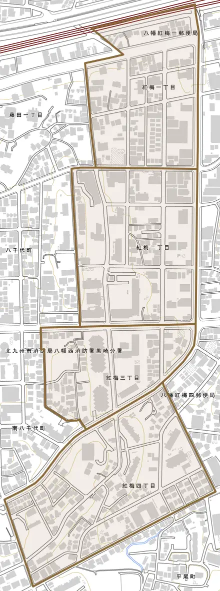 紅梅とその周辺の地図。町の範囲を重ねている