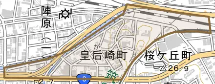 皇后崎町とその周辺の地図。町の範囲を重ねている