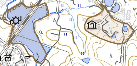 大字小嶺とその周辺の地図。町の範囲を重ねている