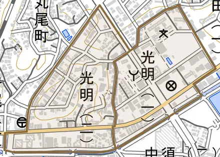 光明とその周辺の地図。町の範囲を重ねている