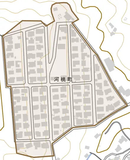 河桃町とその周辺の地図。町の範囲を重ねている