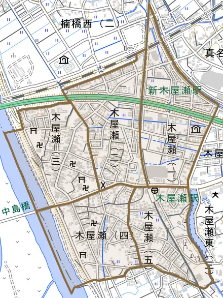 木屋瀬とその周辺の地図。町の範囲を重ねている