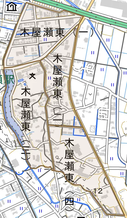 木屋瀬東とその周辺の地図。町の範囲を重ねている