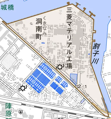 洞南町とその周辺の地図。町の範囲を重ねている