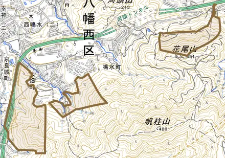 大字熊手とその周辺の地図。町の範囲を重ねている
