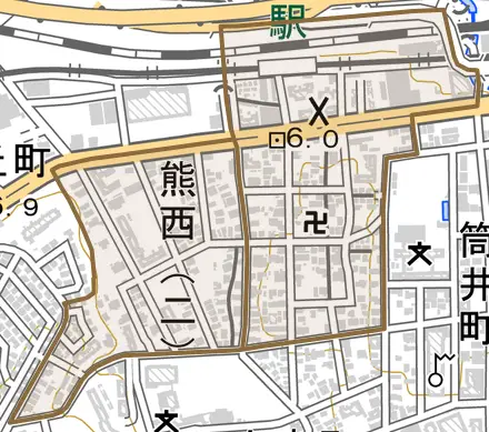 熊西とその周辺の地図。町の範囲を重ねている