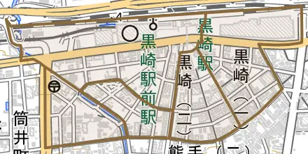 黒崎とその周辺の地図。町の範囲を重ねている