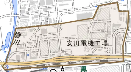 黒崎城石とその周辺の地図。町の範囲を重ねている