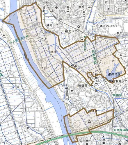 大字楠橋とその周辺の地図。町の範囲を重ねている