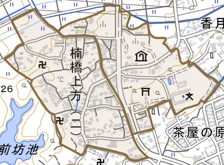 楠橋上方とその周辺の地図。町の範囲を重ねている