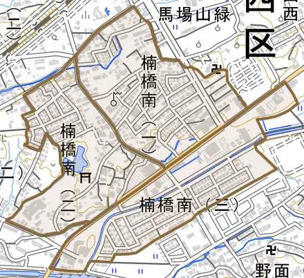 楠橋南とその周辺の地図。町の範囲を重ねている